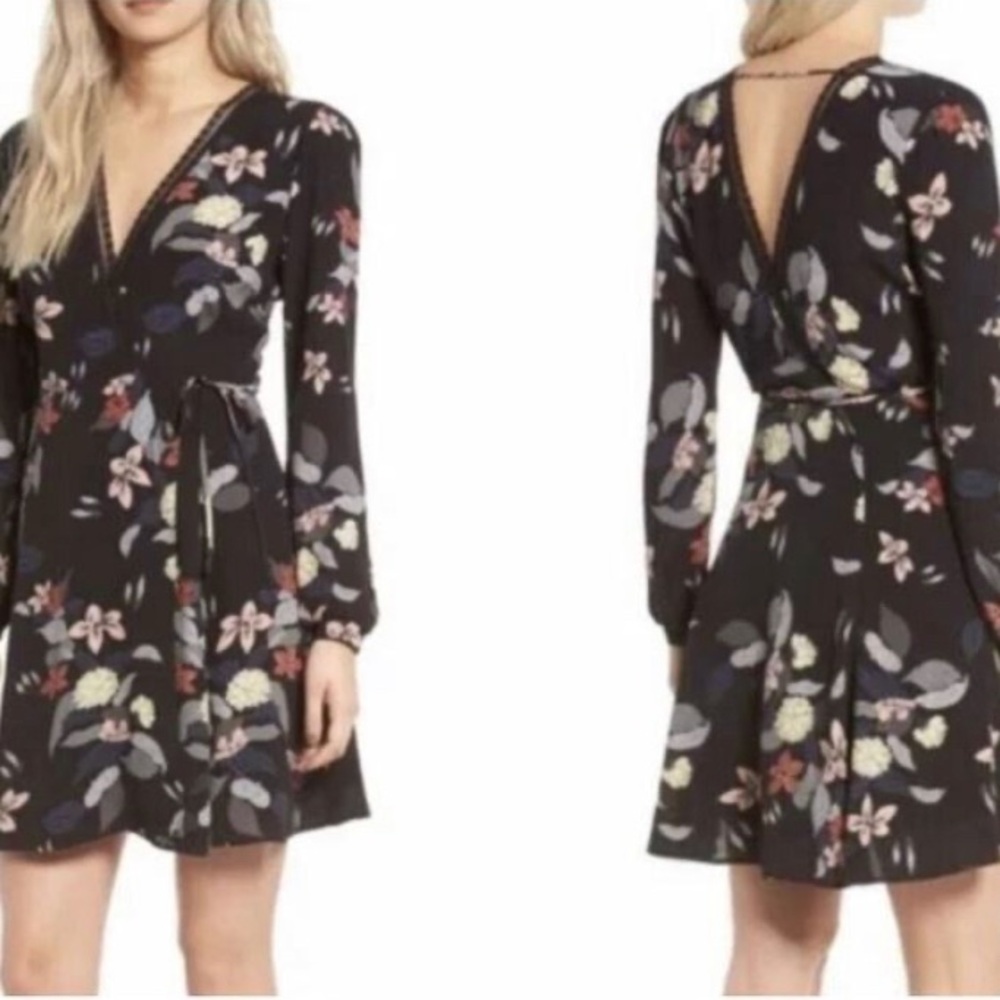 Astr Black Floral Long Sleeve Wrap Sundress Size Small